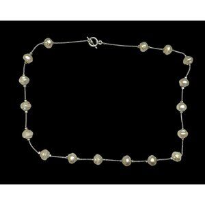 Elegant Faux Pearl Station Necklace On Silver Tone Chain